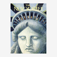 Couverture de magazine vintage montrant le visage géant de la Statue de la Liberté aux yeux fermés, avec des silhouettes de.