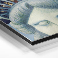 Gros plan de la matière : le tirage contrecollé sur aluminium Dibond mat, tranche visible.