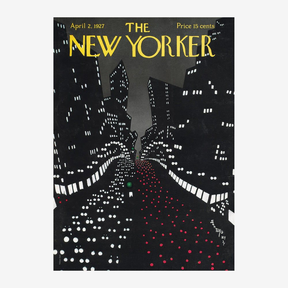 Affiche vintage d'un magazine montrant une avenue urbaine la nuit avec des gratte-ciels illuminés dont les fenêtres.