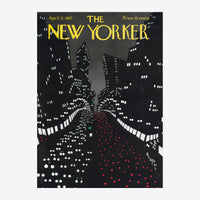 Affiche vintage d'un magazine montrant une avenue urbaine la nuit avec des gratte-ciels illuminés dont les fenêtres.