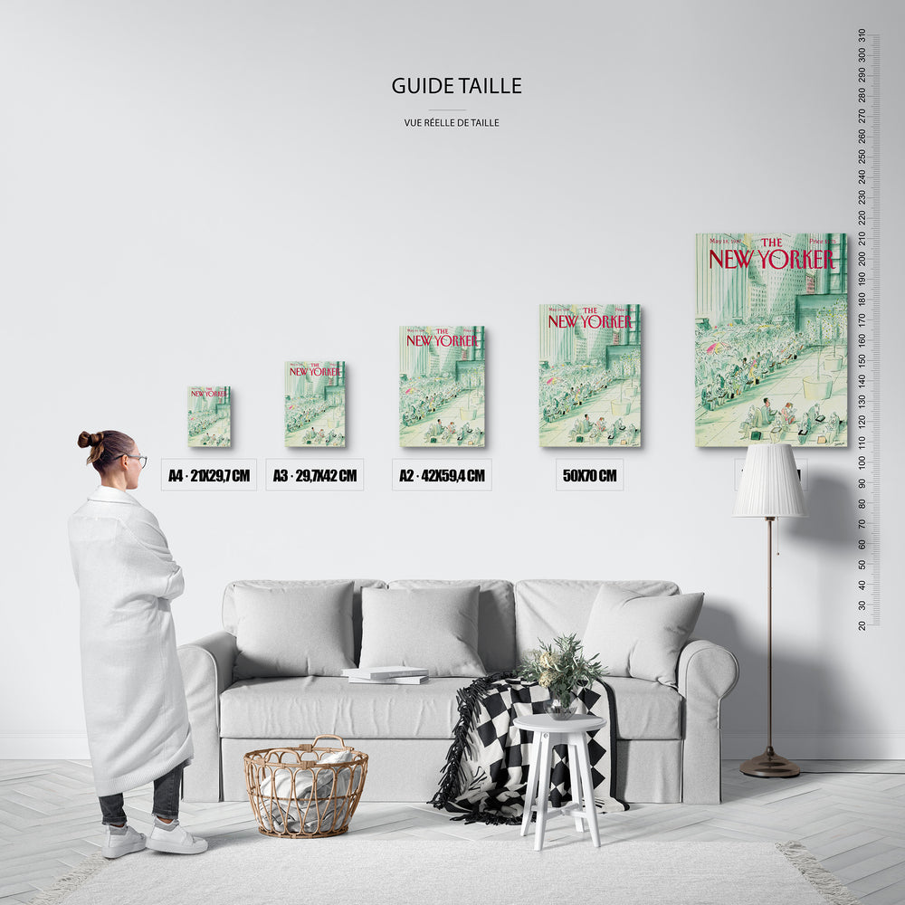 Guide des tailles : le tirage présenté dans ses 5 formats de vente, à l'échelle réelle sur un mur de salon, avec une règle en centimètres.