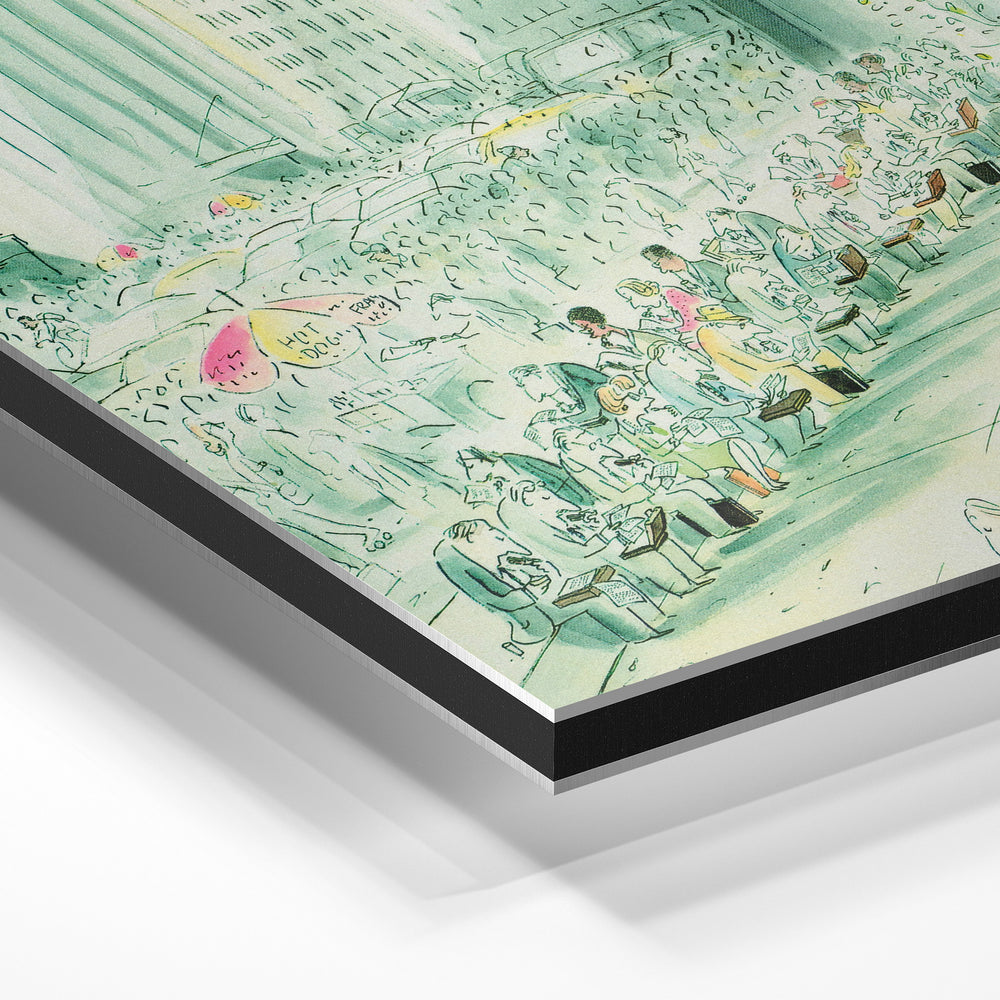 Gros plan de la matière : le tirage contrecollé sur aluminium Dibond mat, tranche visible.
