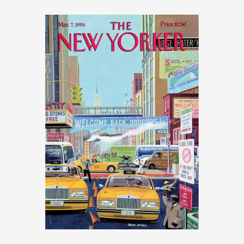 Affiche vintage représentant une avenue new-yorkaise avec des taxis jaunes, des enseignes lumineuses colorées et le titre.