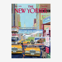 Affiche vintage représentant une avenue new-yorkaise avec des taxis jaunes, des enseignes lumineuses colorées et le titre.