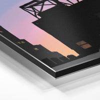 Gros plan de la matière : le tirage contrecollé sur aluminium Dibond mat, tranche visible.