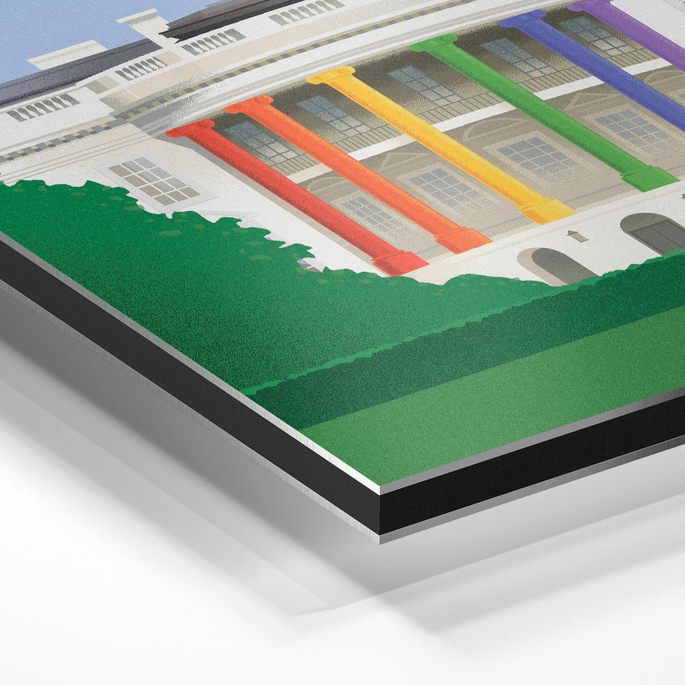 Gros plan de la matière : le tirage contrecollé sur aluminium Dibond mat, tranche visible.