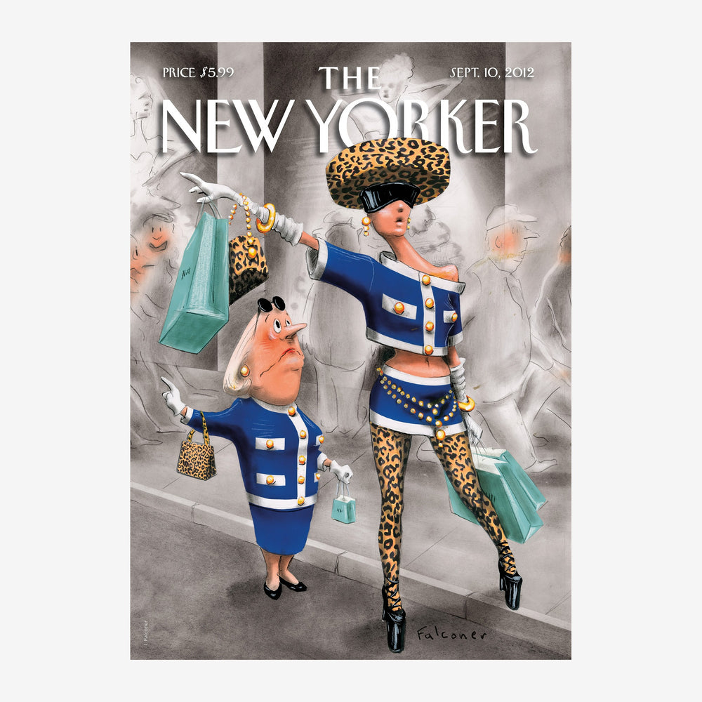 Illustration pop-art de deux femmes en tenue de shopping : l'une en tailleur bleu avec détails dorés, l'autre en ensemble.