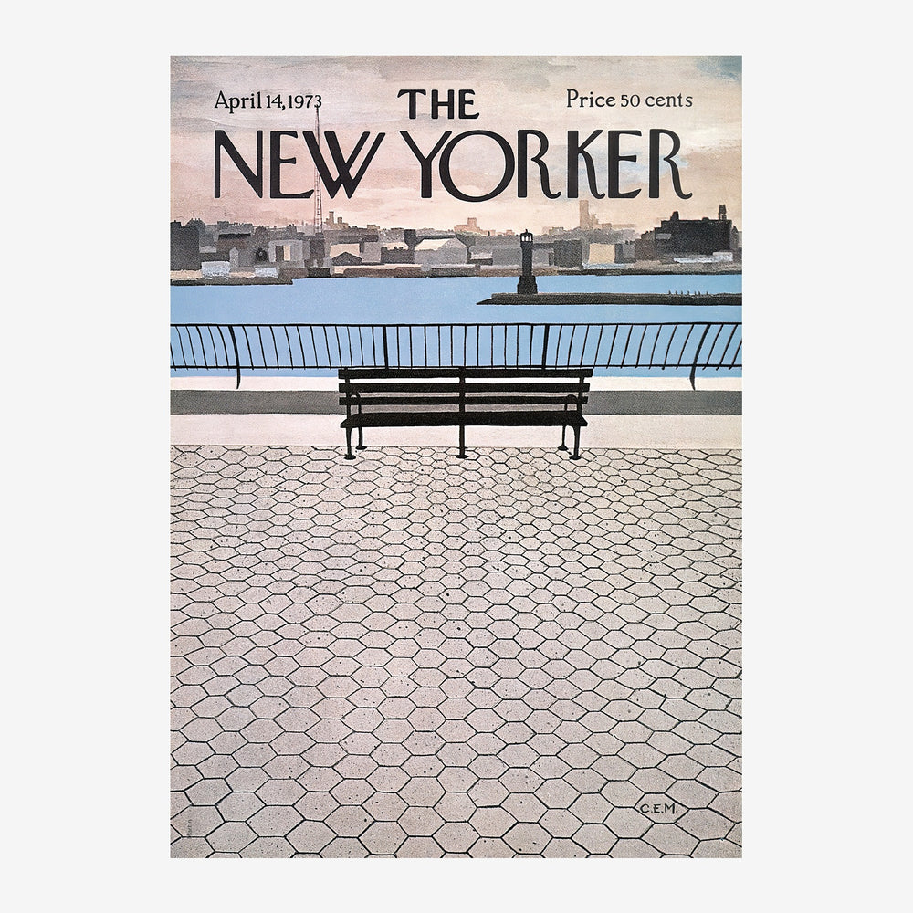 Illustration vintage d'une promenade avec deux bancs face à une baie urbaine encadrée par une skyline grise, style années.