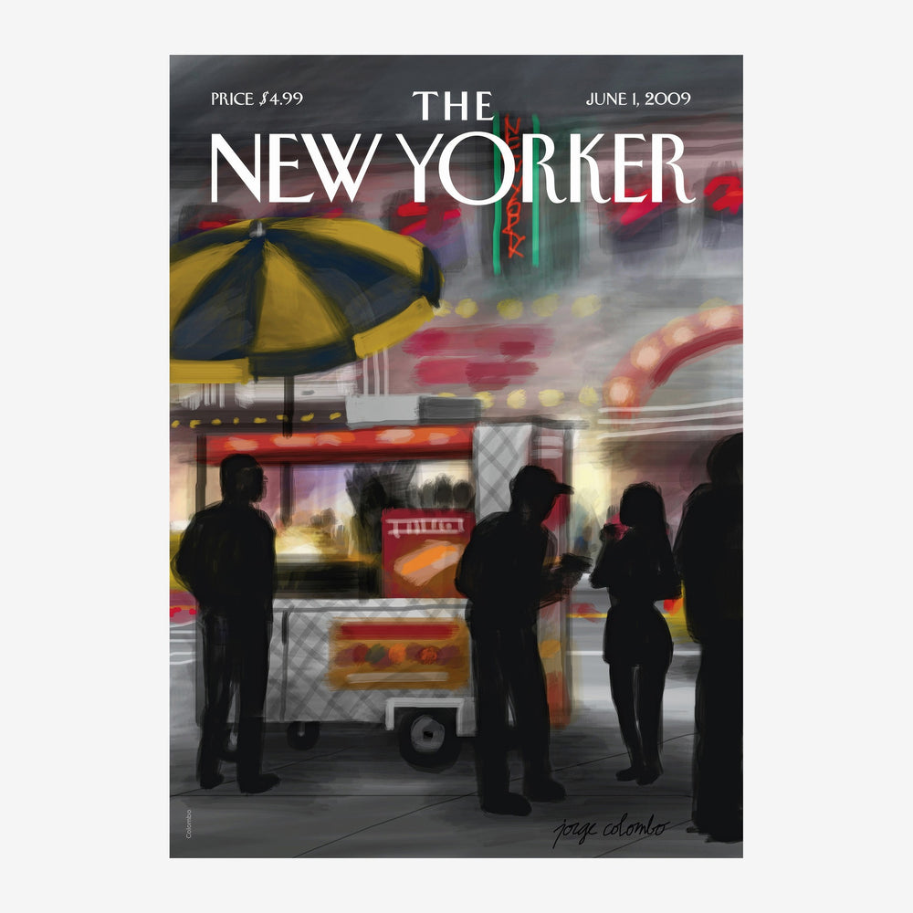 Une illustration urbaine montrant des silhouettes en noir faisant la queue sous un parapluie jaune devant un food truck.