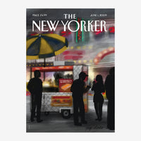 Une illustration urbaine montrant des silhouettes en noir faisant la queue sous un parapluie jaune devant un food truck.