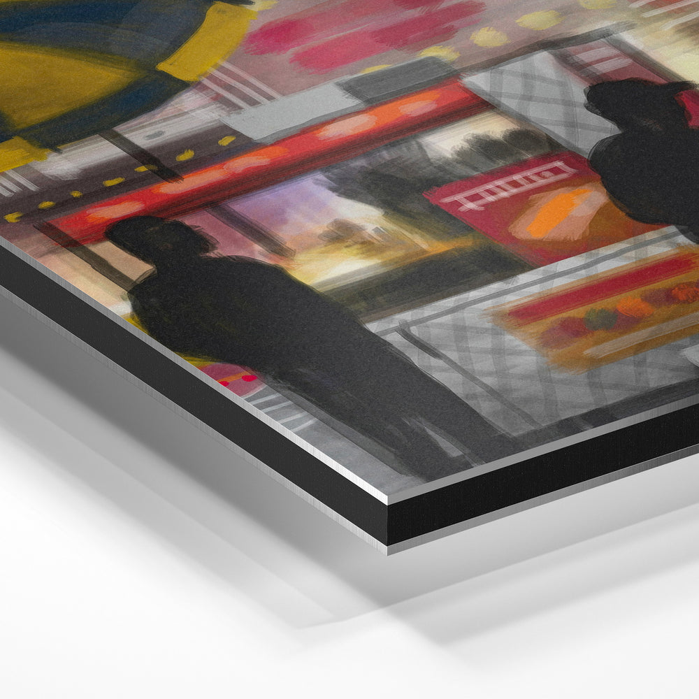 Gros plan de la matière : le tirage contrecollé sur aluminium Dibond mat, tranche visible.