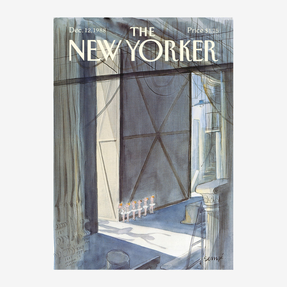 Couverture de magazine vintage illustrant une grande fenêtre urbaine donnant sur une rue de ville avec minuscules.
