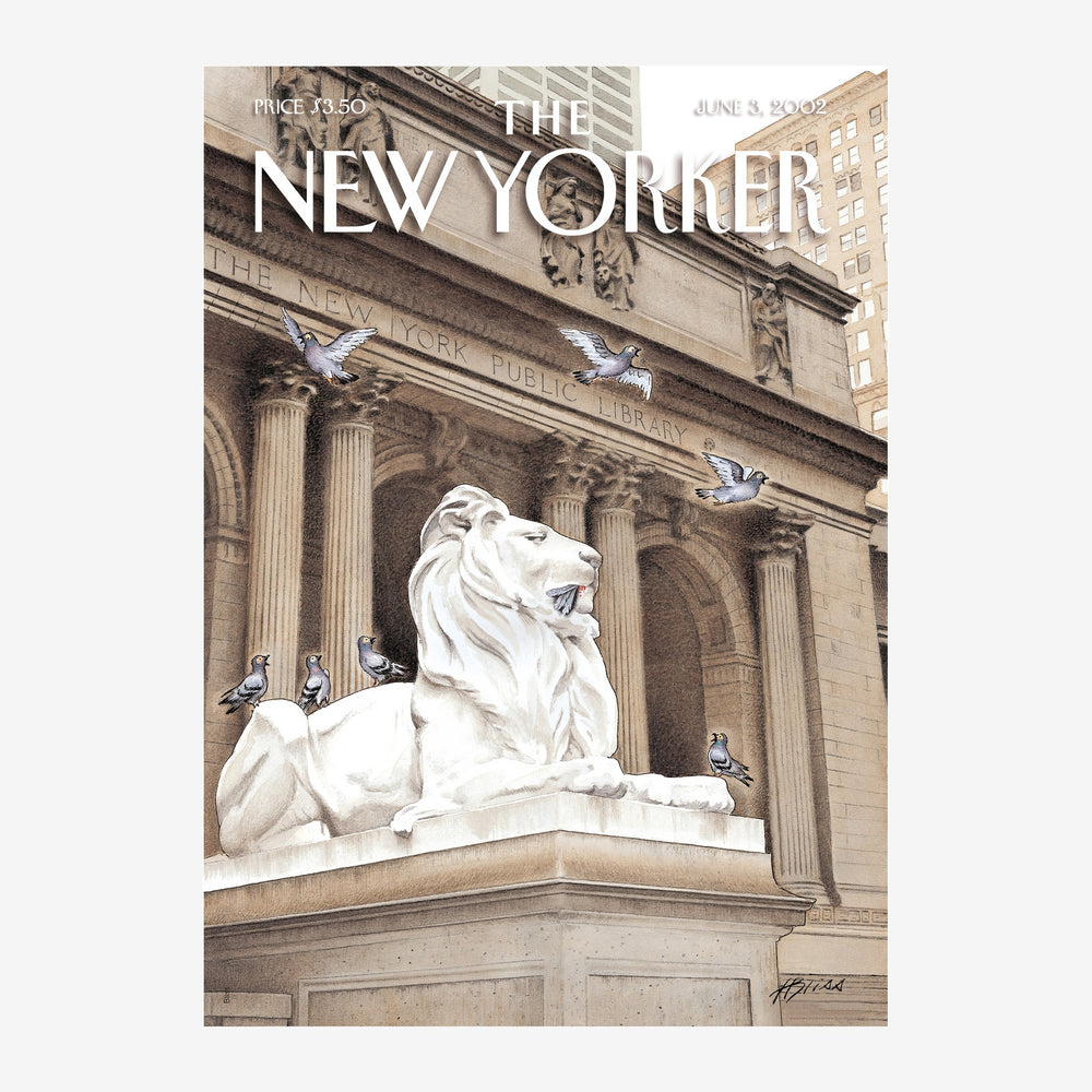 Affiche vintage représentant un lion de marbre blanc assis devant une façade de bibliothèque avec colonnes classiques, des.