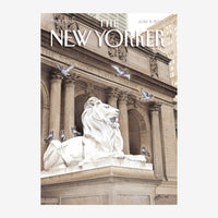 Affiche vintage représentant un lion de marbre blanc assis devant une façade de bibliothèque avec colonnes classiques, des.