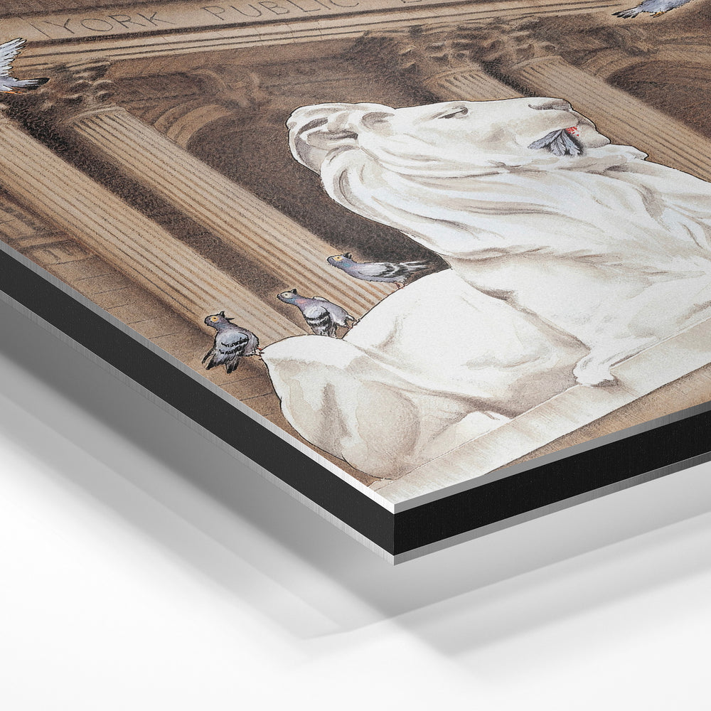 Gros plan de la matière : le tirage contrecollé sur aluminium Dibond mat, tranche visible.