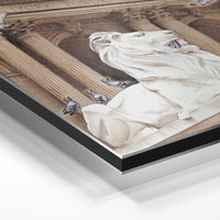 Gros plan de la matière : le tirage contrecollé sur aluminium Dibond mat, tranche visible.