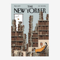 Illustration stylisée d'une femme lisant dans un fauteuil orange, entourée de gratte-ciel formés par des livres empilés.