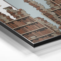 Gros plan de la matière : le tirage contrecollé sur aluminium Dibond mat, tranche visible.