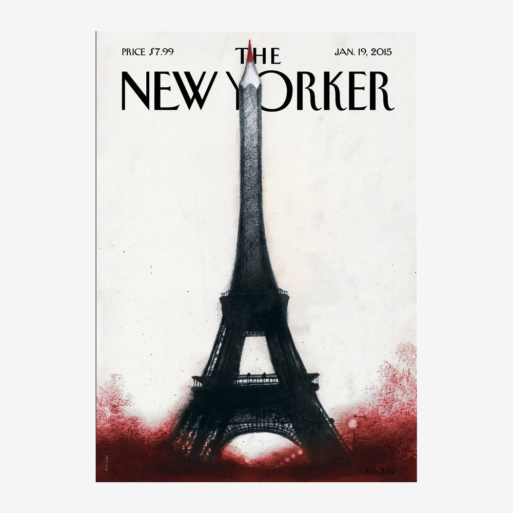 Silhouette noire d'une tour pointue sur fond crème avec un dégradé rouge en base, titre magazine en haut