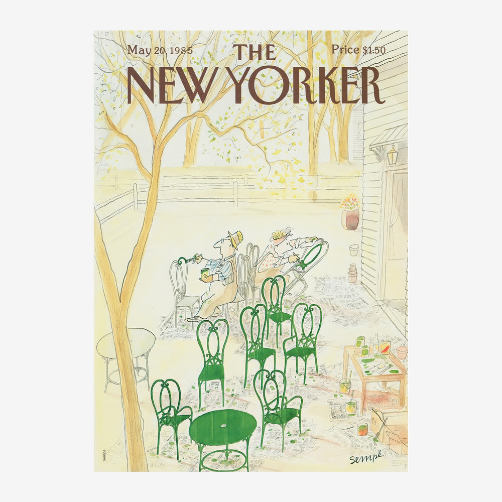 Illustration d'une terrasse de printemps avec des chaises vertes autour d'une table, un arbre en fleur, et des passants dans.