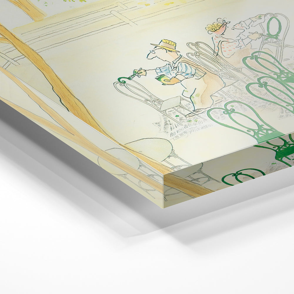 Gros plan de la matière : le tirage sous verre acrylique, tranche transparente visible.