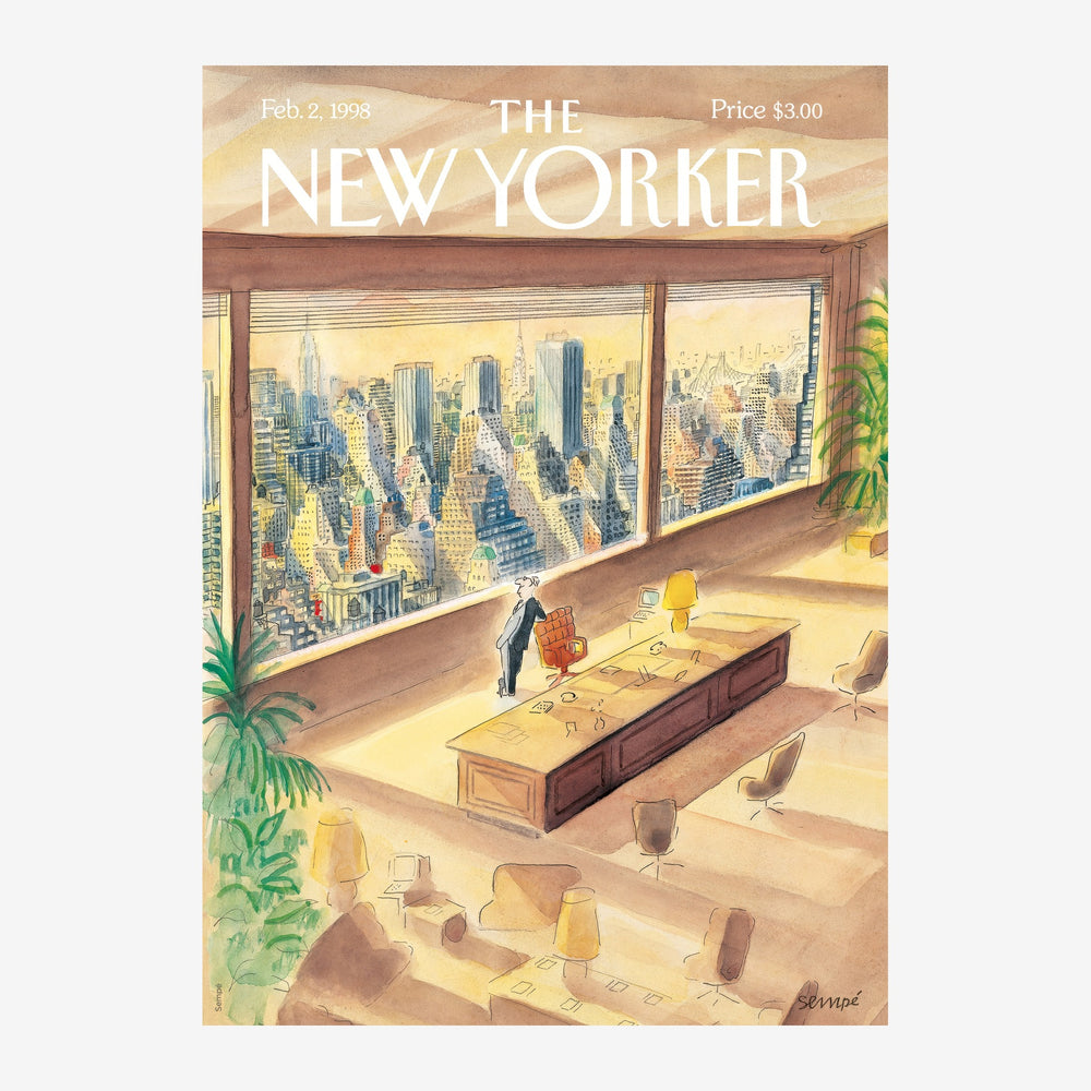 Couverture de magazine illustrant un bureau panoramique avec vue sur une skyline urbaine depuis d'immenses fenêtres.