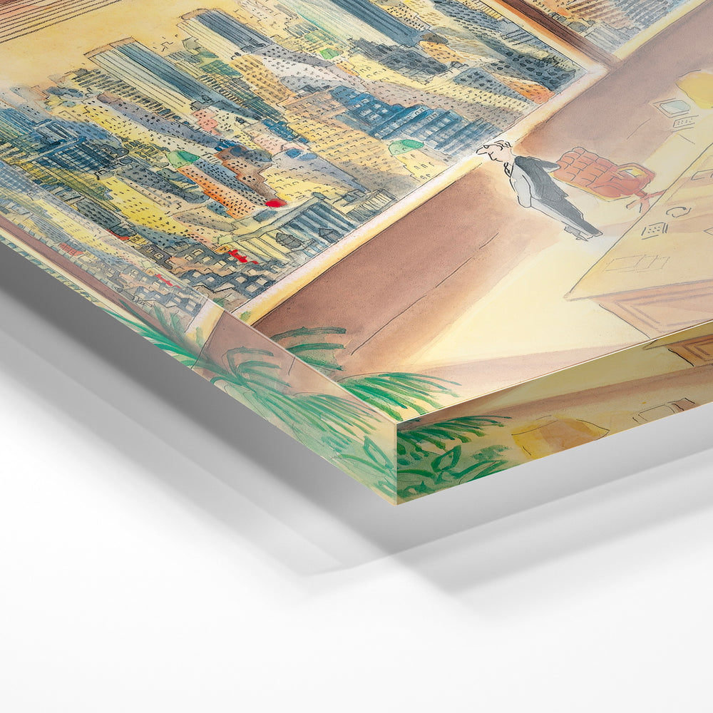 Gros plan de la matière : le tirage sous verre acrylique, tranche transparente visible.