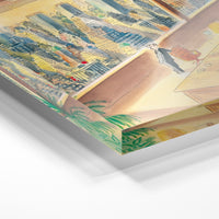 Gros plan de la matière : le tirage sous verre acrylique, tranche transparente visible.