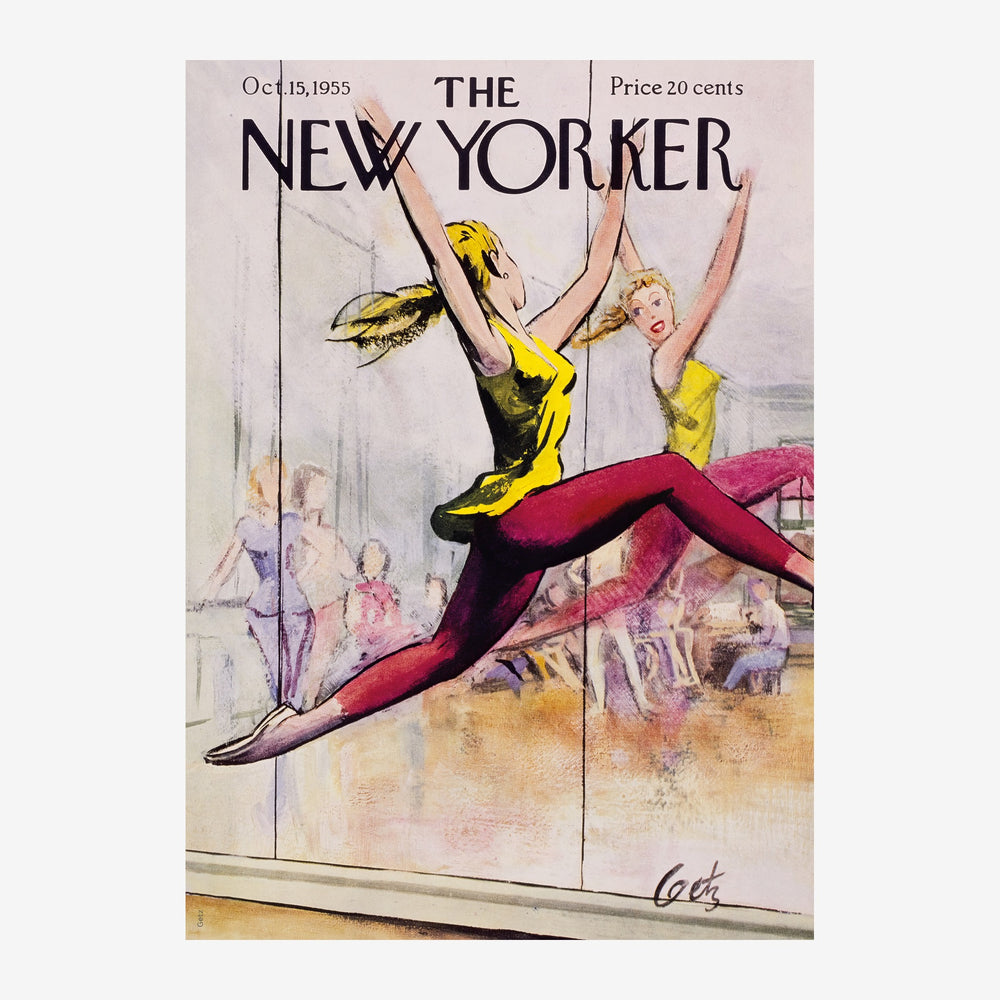 Couverture de magazine The New Yorker d'octobre 1955 représentant une danseuse de cirque en justaucorps jaune et collants.