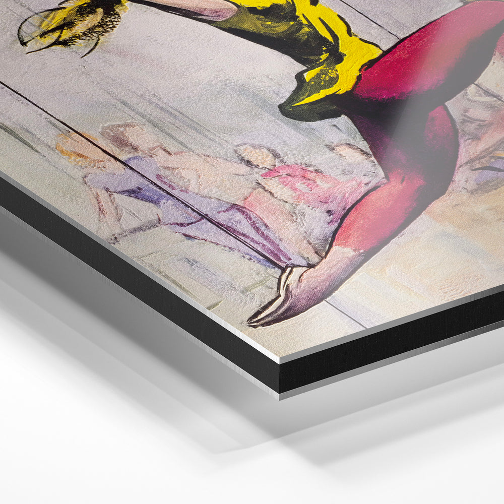 Gros plan du relief : la surépaisseur d'encre en lumière rasante sur aluminium Dibond.