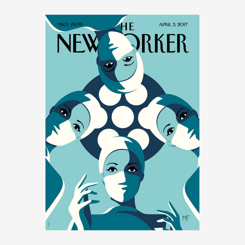 Affiche pop art avec cinq visages stylisés aux formes géométriques, en bleu turquoise et blanc crème.