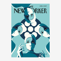 Affiche pop art avec cinq visages stylisés aux formes géométriques, en bleu turquoise et blanc crème.