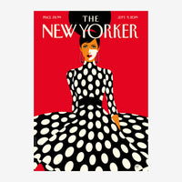 Portrait d'une femme aux traits épurés, vêtue d'une robe noire à pois blancs, sur fond rouge éclatant, dans un style pop-art.
