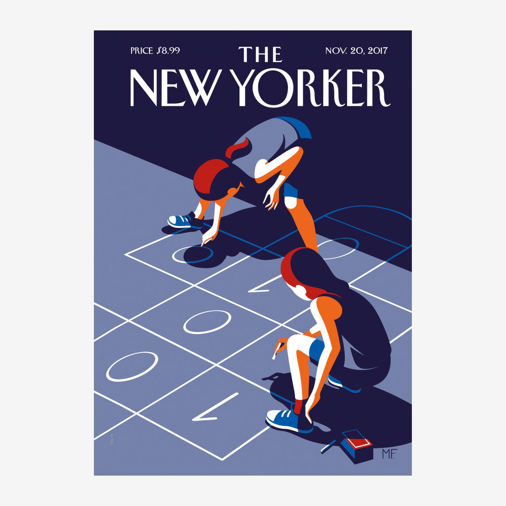 Deux figures stylisées en rouge, blanc et bleu jouent au tic-tac-toe sur un plateau géométrique bleu et blanc, dans le style.
