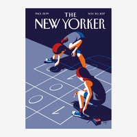 Deux figures stylisées en rouge, blanc et bleu jouent au tic-tac-toe sur un plateau géométrique bleu et blanc, dans le style.