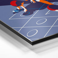 Gros plan de la matière : le tirage contrecollé sur aluminium Dibond mat, tranche visible.
