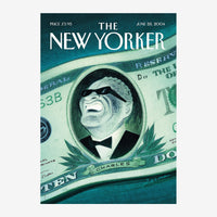 Couverture de magazine stylisée montrant un personnage caricatural masqué dans un médaillon de billet de banque, sur fond.