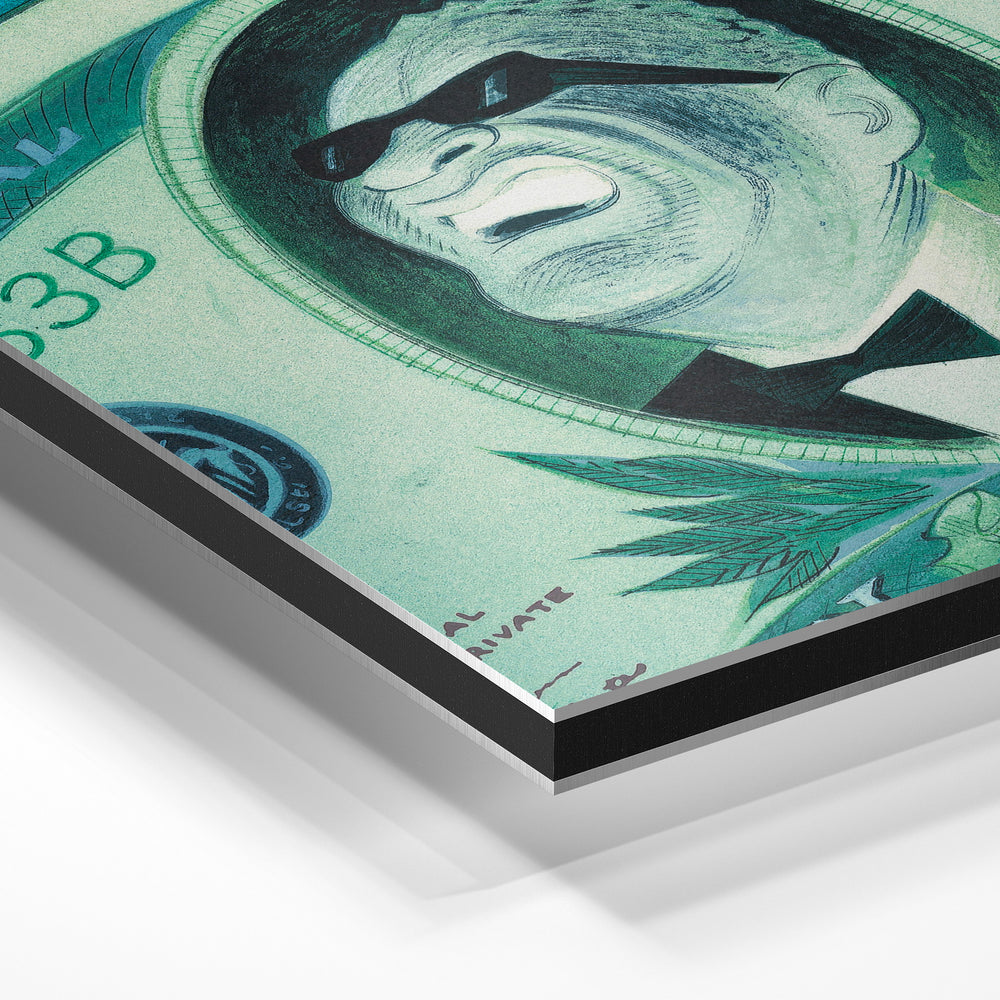 Gros plan de la matière : le tirage contrecollé sur aluminium Dibond mat, tranche visible.