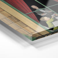 Gros plan de la matière : le tirage sous verre acrylique, tranche transparente visible.