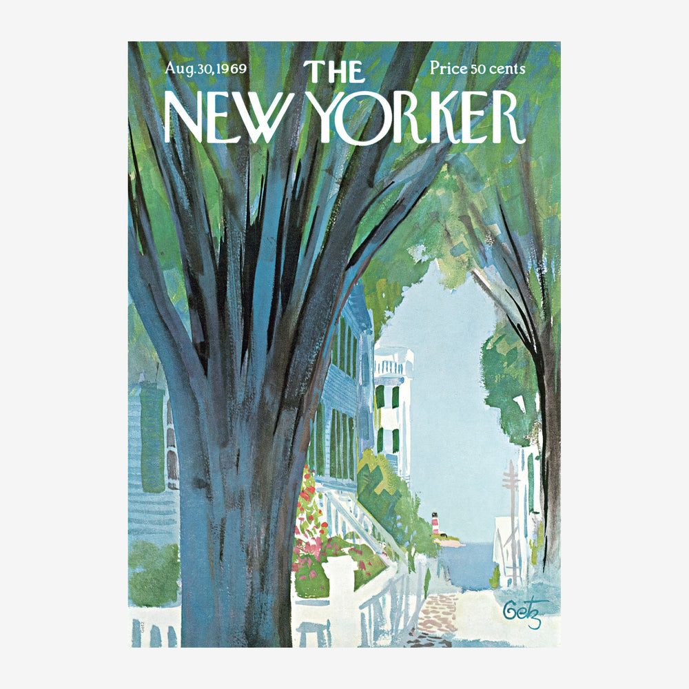 Couverture du New Yorker d'août 1969 montrant une avenue urbaine encadrée par deux grands arbres dont le feuillage encadre.