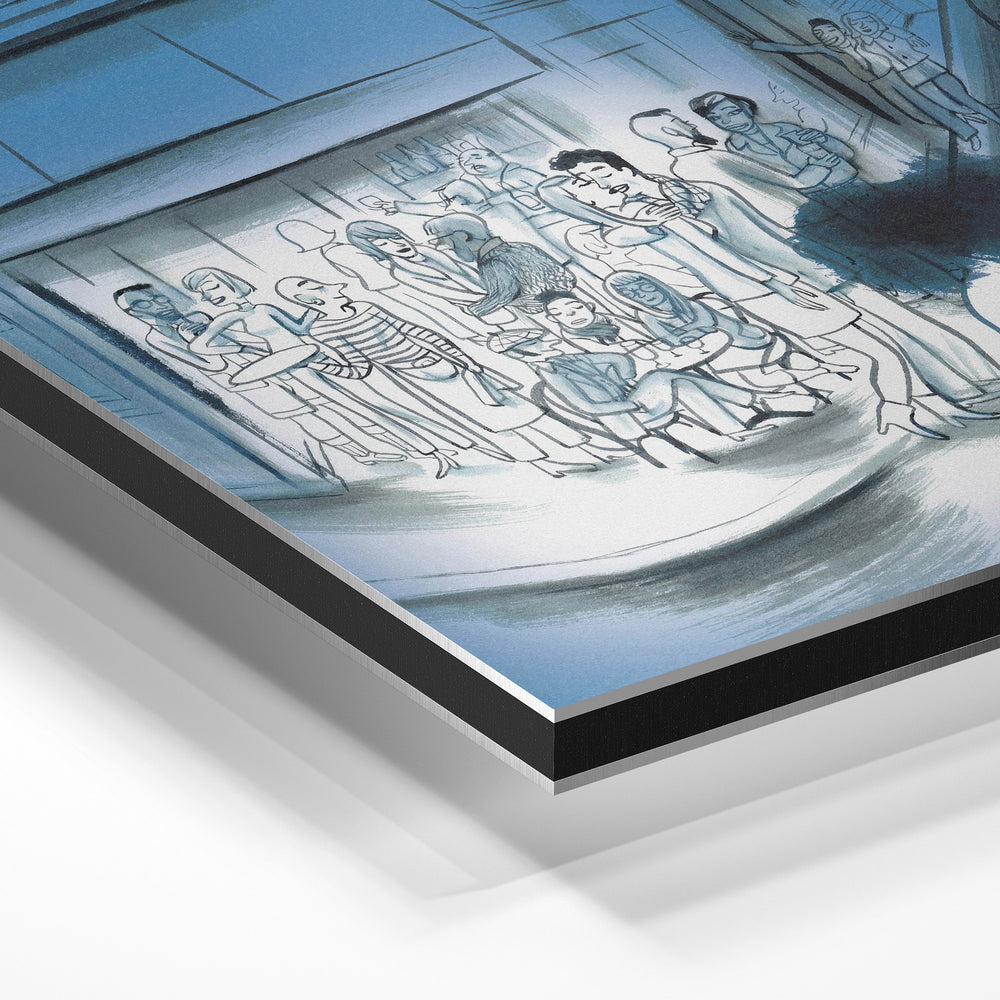 Gros plan de la matière : le tirage contrecollé sur aluminium Dibond mat, tranche visible.