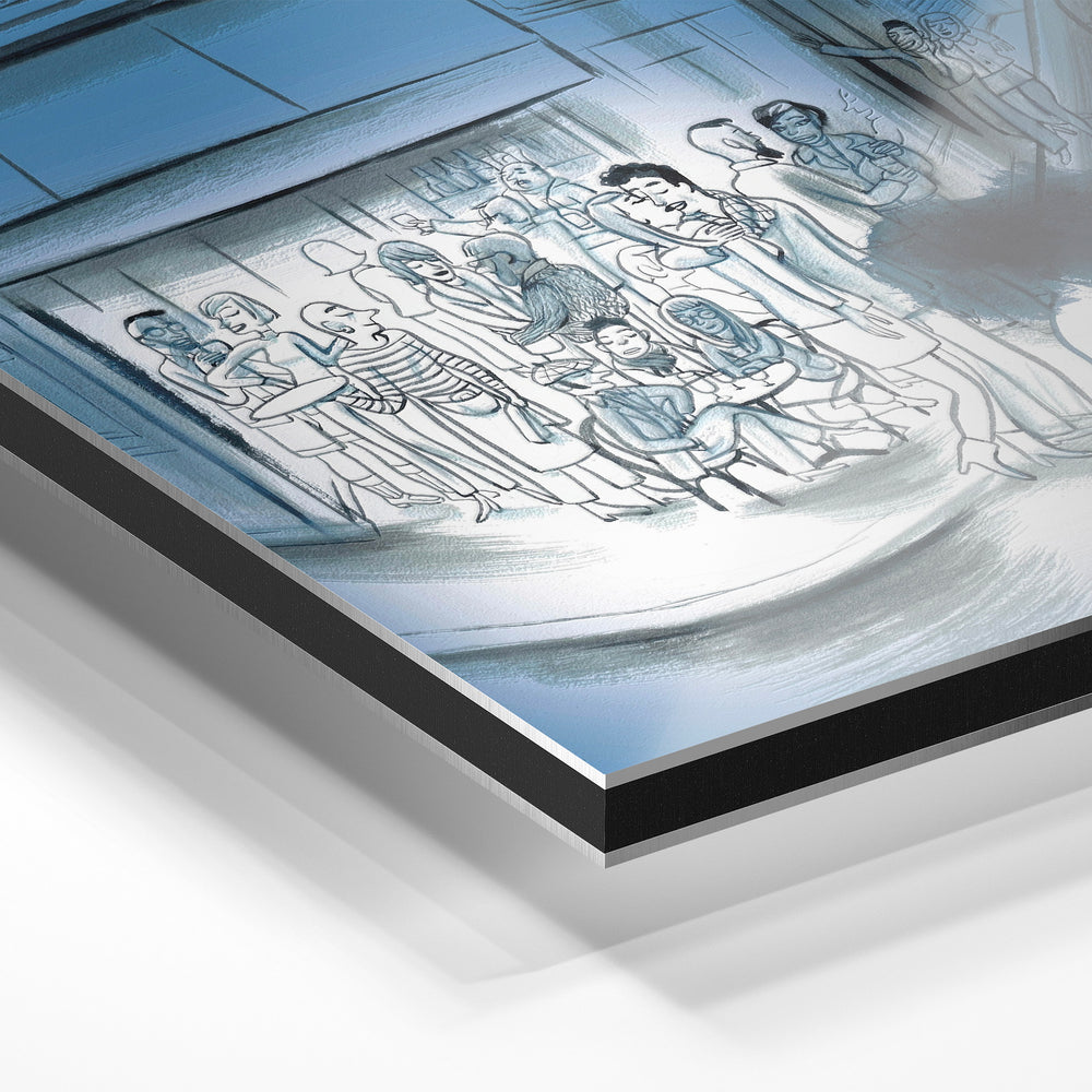 Gros plan du relief : la surépaisseur d'encre en lumière rasante sur aluminium Dibond.