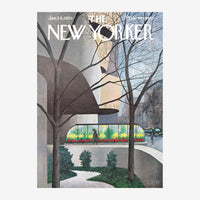 Affiche The New Yorker de 1970 montrant une scène urbaine avec immeuble gris, arbres nus et fleurs rouges en arrière-plan.