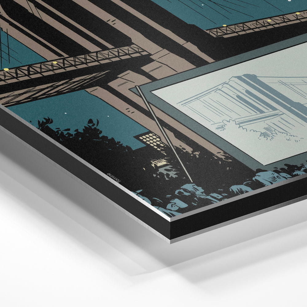 Gros plan de la matière : le tirage contrecollé sur aluminium Dibond mat, tranche visible.