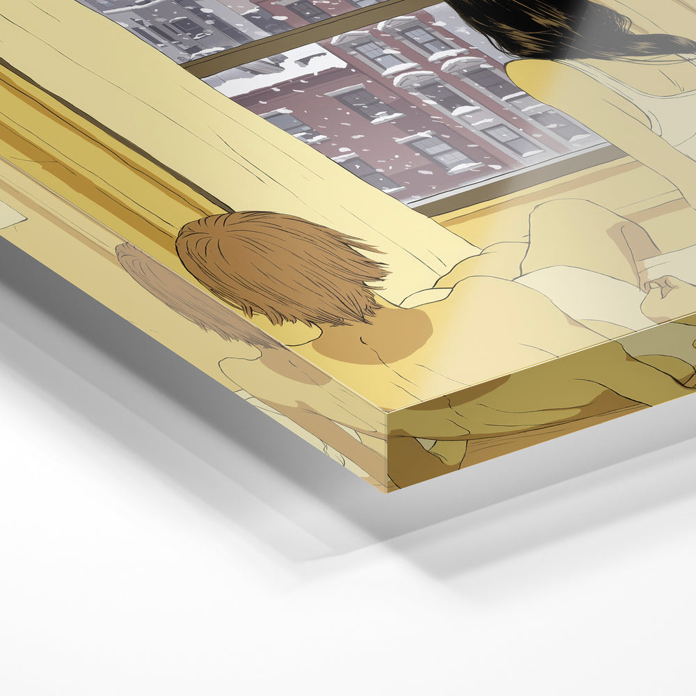 Gros plan de la matière : le tirage sous verre acrylique, tranche transparente visible.