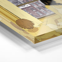 Gros plan de la matière : le tirage sous verre acrylique, tranche transparente visible.