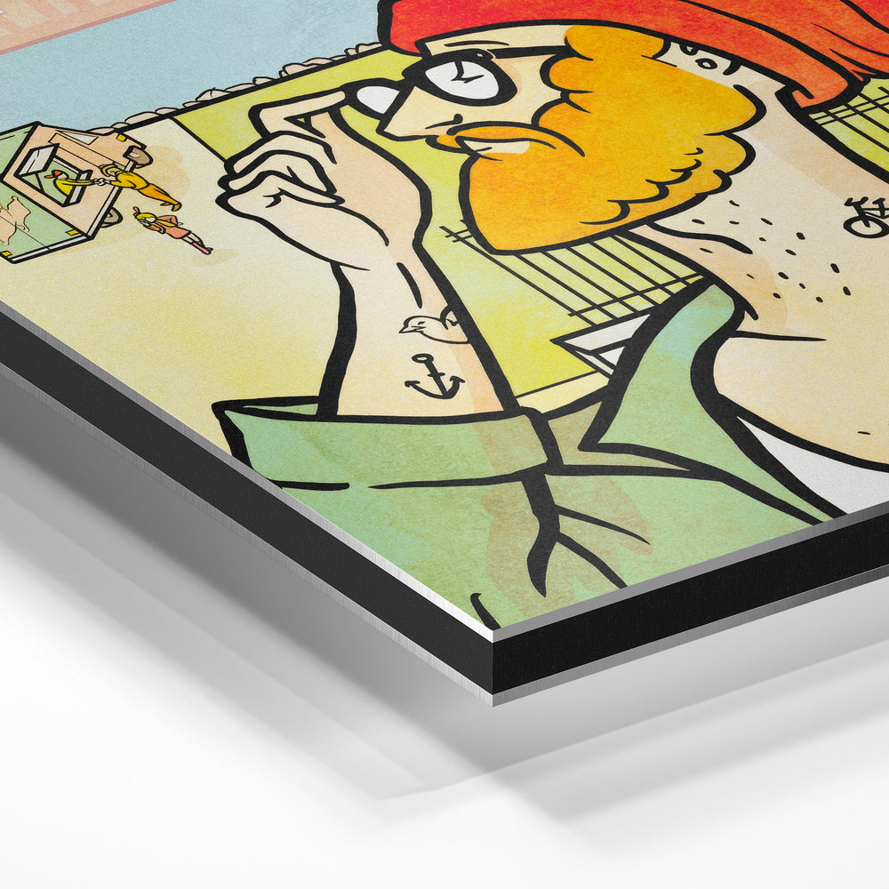 Gros plan de la matière : le tirage contrecollé sur aluminium Dibond mat, tranche visible.