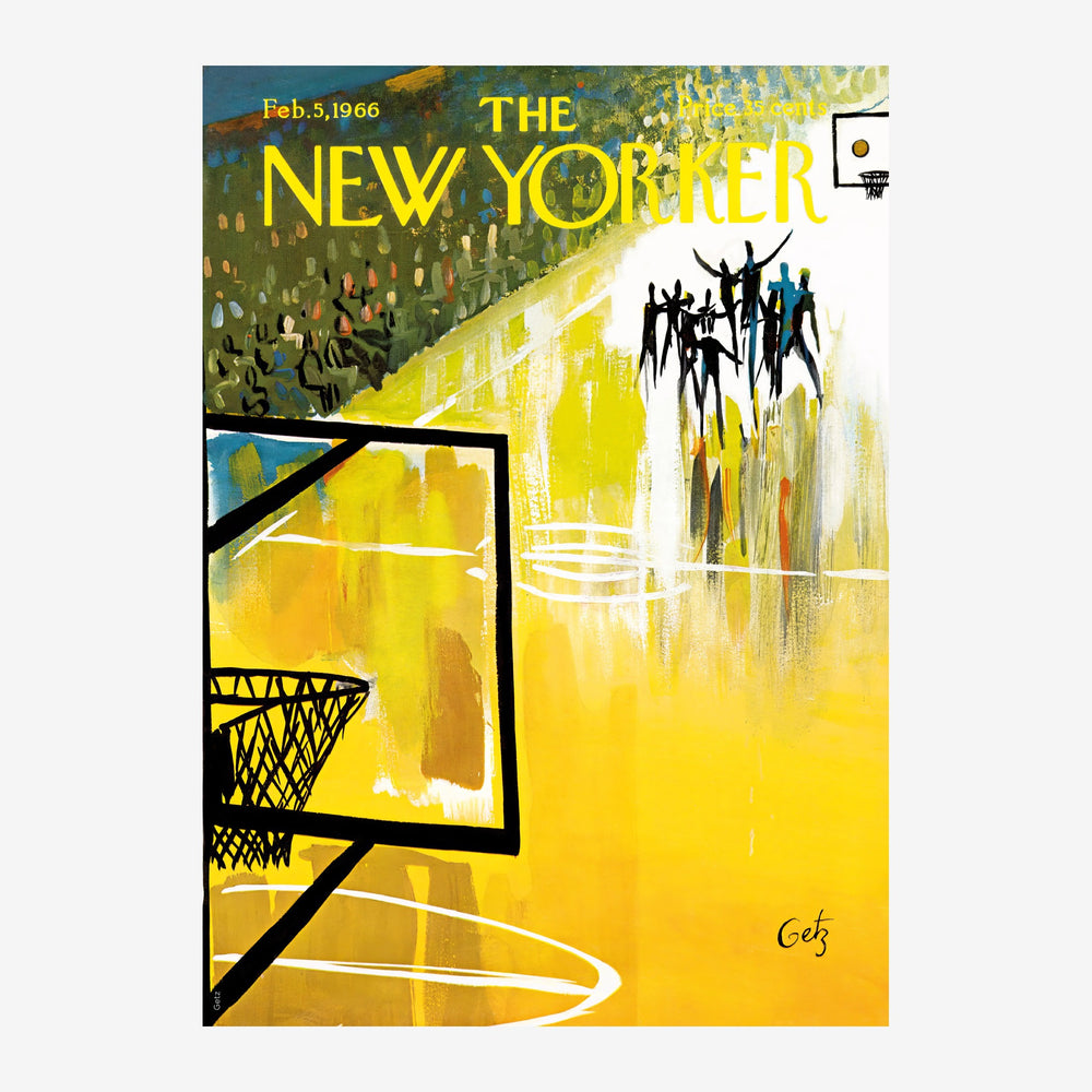 Couverture de magazine The New Yorker du 5 février 1966 illustrant une scène de basketball avec un panier et des silhouettes.