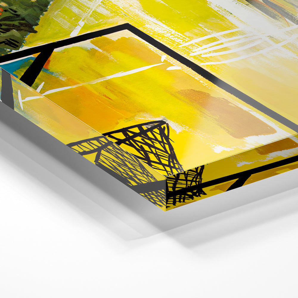 Gros plan de la matière : le tirage sous verre acrylique, tranche transparente visible.