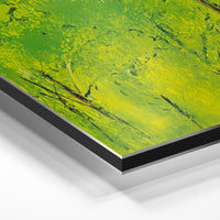 Gros plan de la matière : le tirage contrecollé sur aluminium Dibond mat, tranche visible.